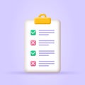 Checklist on clipboard. 3d check list icon. Paper, document with note or task. Test, business survey with check or tick marks.